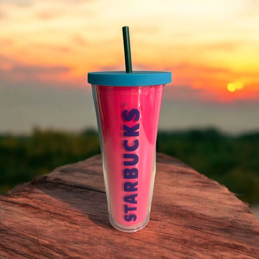 Starbucks Tumbler Neon Pink & Blue 24oz Cold Cup‎ Venti 2014 Vibrant Grn w/Straw